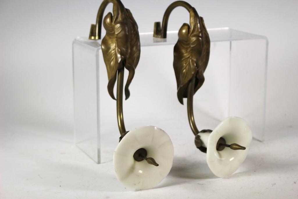 Art Nouveau Bronze Curtain Ties: Fantastic early art nouveau bronze tulip floral curtain ties with with milk glass flowers. Approx. 10" tall by 6 1/2" deep. in good age appropriate condition with no breaks, see photos.