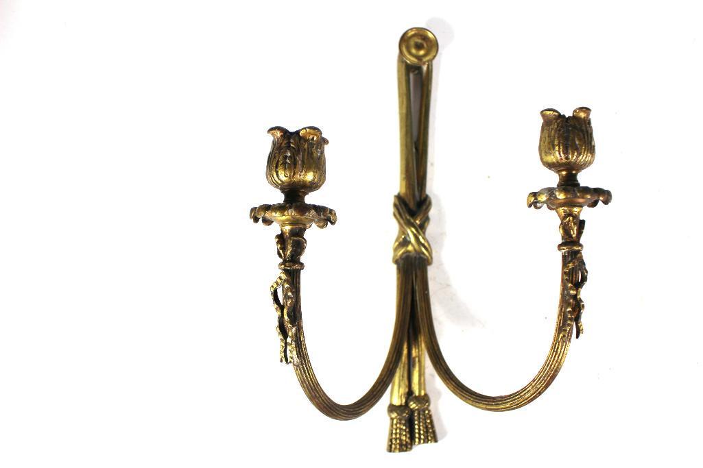 19th Century French Brass Wall Sconce: 12 1/2" French brass two light wall sconce, rope and tassel design. In good age appropriate condition, see photos.