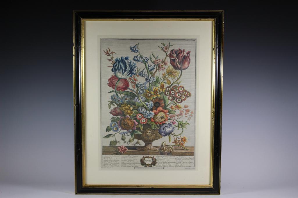 Rob Furber Botanical Seed Calendar Print: Framed month of April seed botanical print by Rob Furber Engraved by H. Fletcher. 19th century after 1730 catalogue. Vibrant color and well framed as shown. Measuring approx 17.5" wide x 23" tall. See