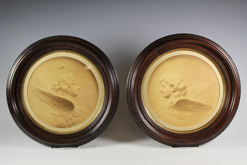 Pair of Round Victorian Lithos of Erastus Dow Palmer: Wonderful pair of round walnut Victorian frames containing two Renaissance style prints titled Evening and Morning. Original published only by ANNESLEY & FERRIS. ALBANY N.Y.. Photographs of the PALMER