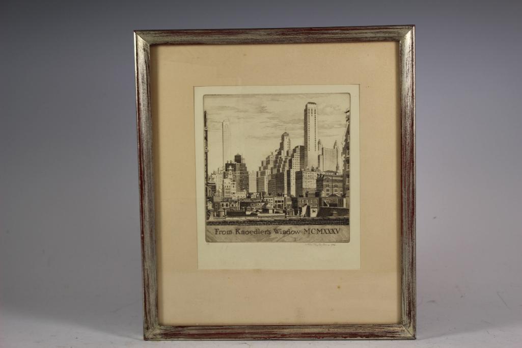 John Taylor Arms (American, 1887-1953): John Taylor Arms (American, 1887-1953) , "From Knoedler's Window MCMXXXV", etching, plate 5 in. x 5 in., pencil-signed and dated "1936" lower right, #IV, signed in plate lower right, M. Knoedler & Co.
