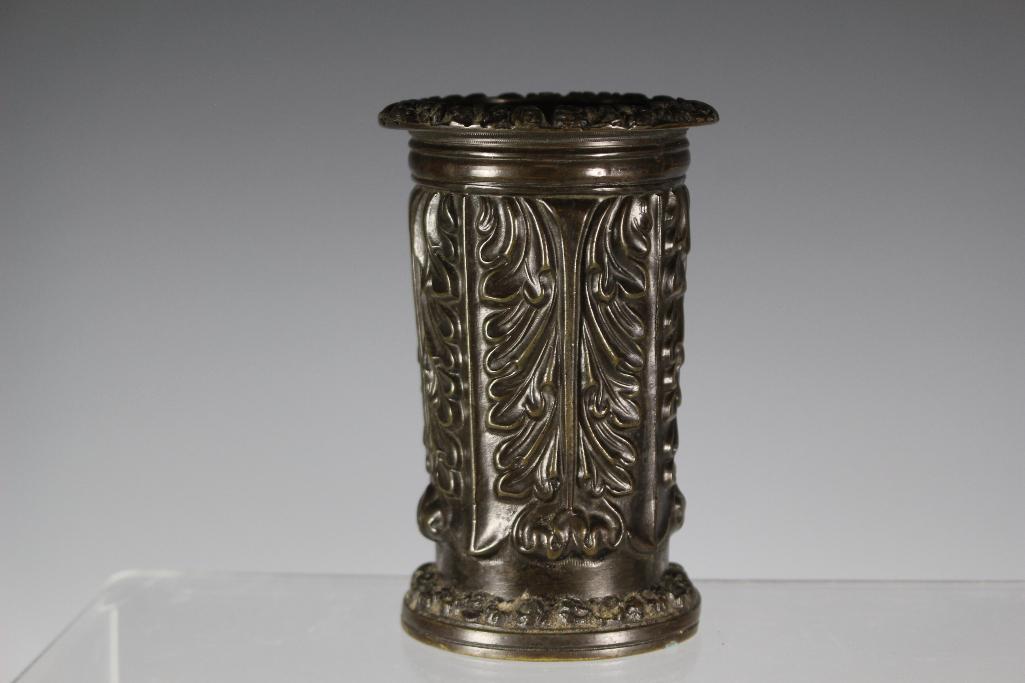 Fine Bronze Salesman Sample Umbrella Stand: Tiffany Studios quality bronze salesman sample umbrellas stand or possibly used for desk pen accessory holder. Ornate bronze stand, measuring approx 4.5" tall x 3" dia