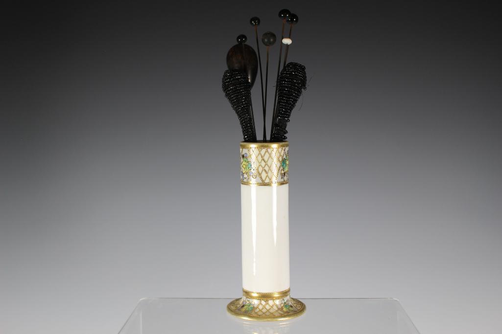Antiques Had Pins in NIPPON Porcelain Holder: Hand painted and decorated Nippon hat pin holder with 9 long vintage hat pins as shown. Normal use and wear as shown. Hat pin holder measuring approx 6" tall.