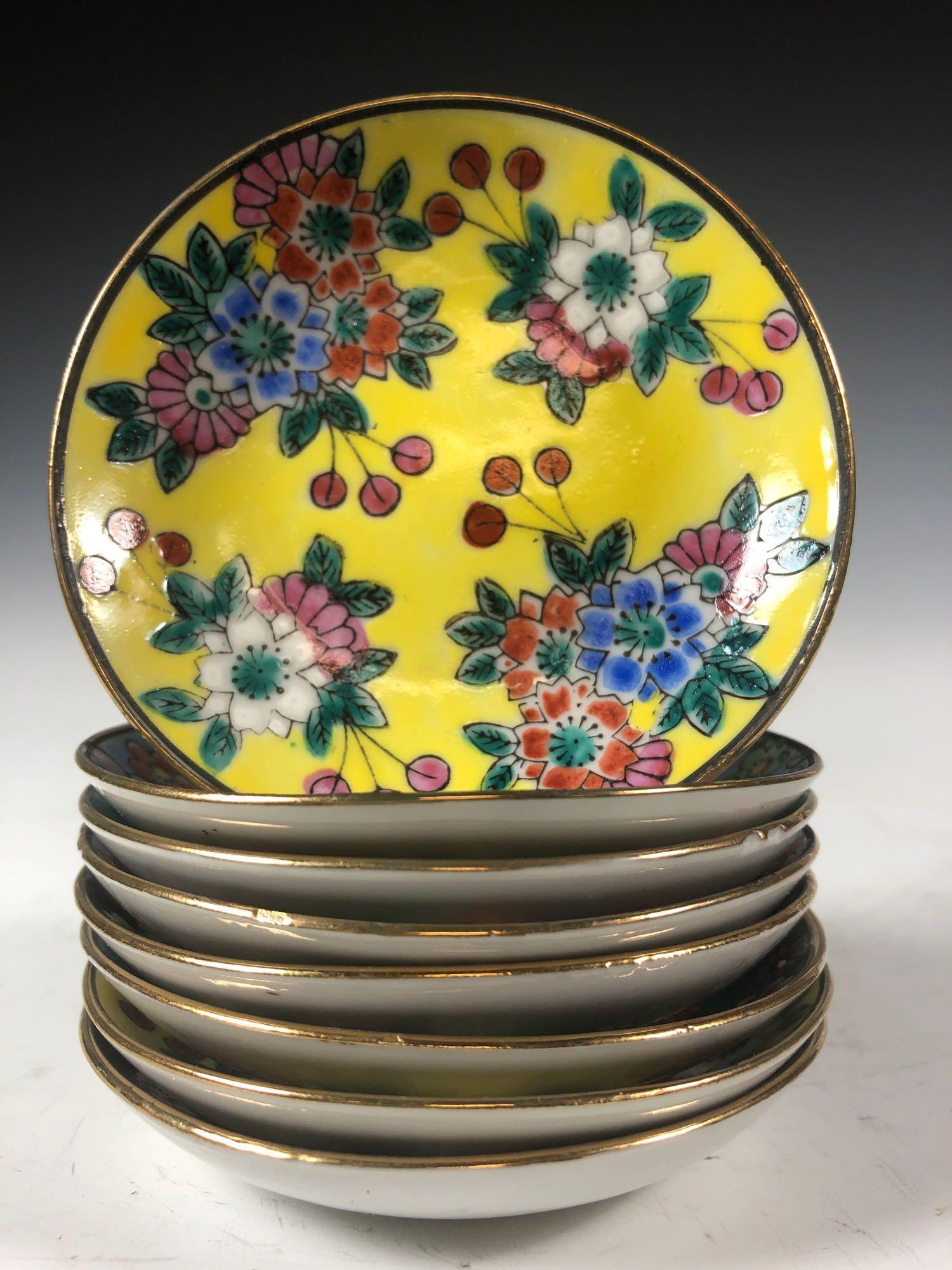 Set of Eight Fred Roberts Soy Sauce Dishes: Set of eight porcelain and enameled soy sauce Chinese dishes. 20th century dishes with various colors and patterns by Fred Roberts Company of San Francisco. Measuring approx 3.5in diameter. Good condi