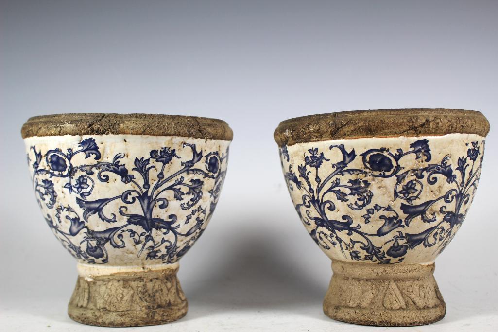 Pair of Blue and White Enameled Flower Pots: Pair of 6 1/2" cement flower pot with blue and white enameled porcelain. In good condition with no breaks or cracks, see photos.