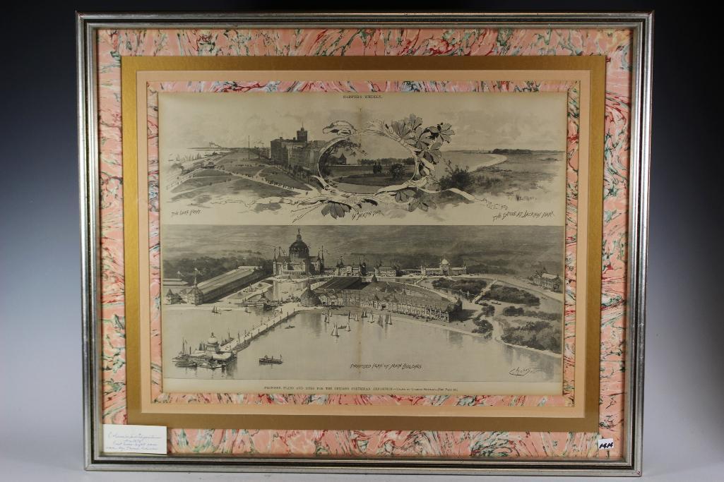 1878 Chicago Columbian Exposition Engraving: Drawn by Charles Graham is this framed Proposed Plans for the 1878 Chicago Columbian Exposition in which Thomas Edison first time lights were used. Measuring approx 28" wide 22.5" tall including