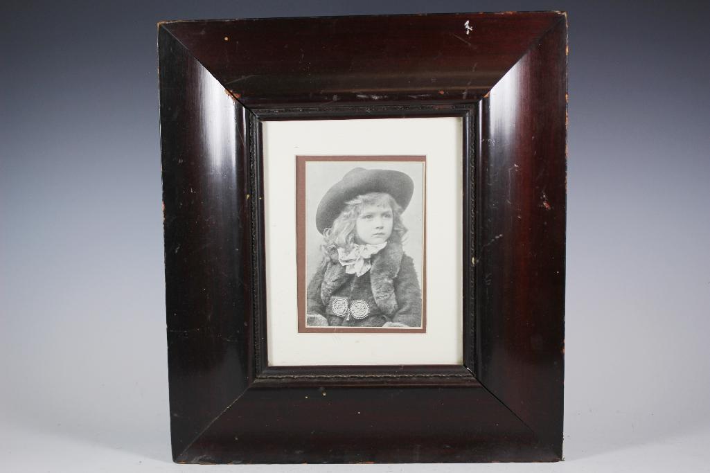 19th Century Mahogany Frame: 19th Century mahogany flat frame with print of photo of young girl with cowboy hat. Measuring approx 15.5" wide x 17.5" tall. Some scuffs and wear as shown, see photos.