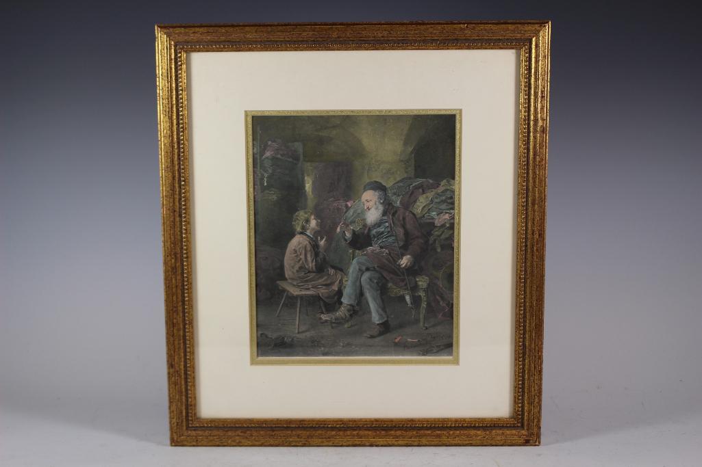 Emanuel Root 1894 Litho: Fine colored litho of elder scholar conversing with young lad. Professionally framed and matted as shown. Measuring approx 16" tall x 14" wide. Very nice condition and style, see photos for details.