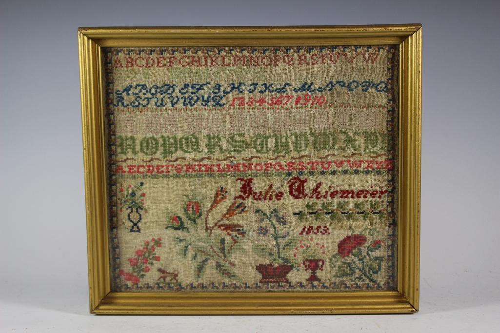 19th Century Needlepoint Sampler 1853: 19th century framed needlepoint sampler dated 1853. 14" x 12"