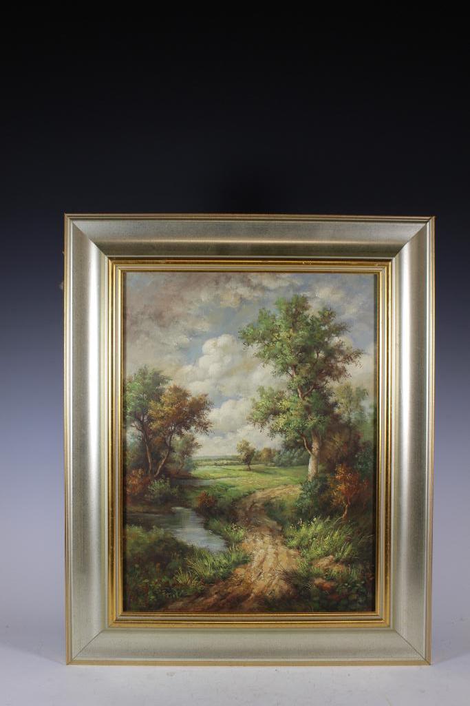 20th Century K Mundlock Oil on Board: Fine 20th century oil painting on board of a country landscape with tranquil path. Framed and measuring approx 21" tall x 17" wide. Condition is very good as shown, see photos. Signed in red oil paint