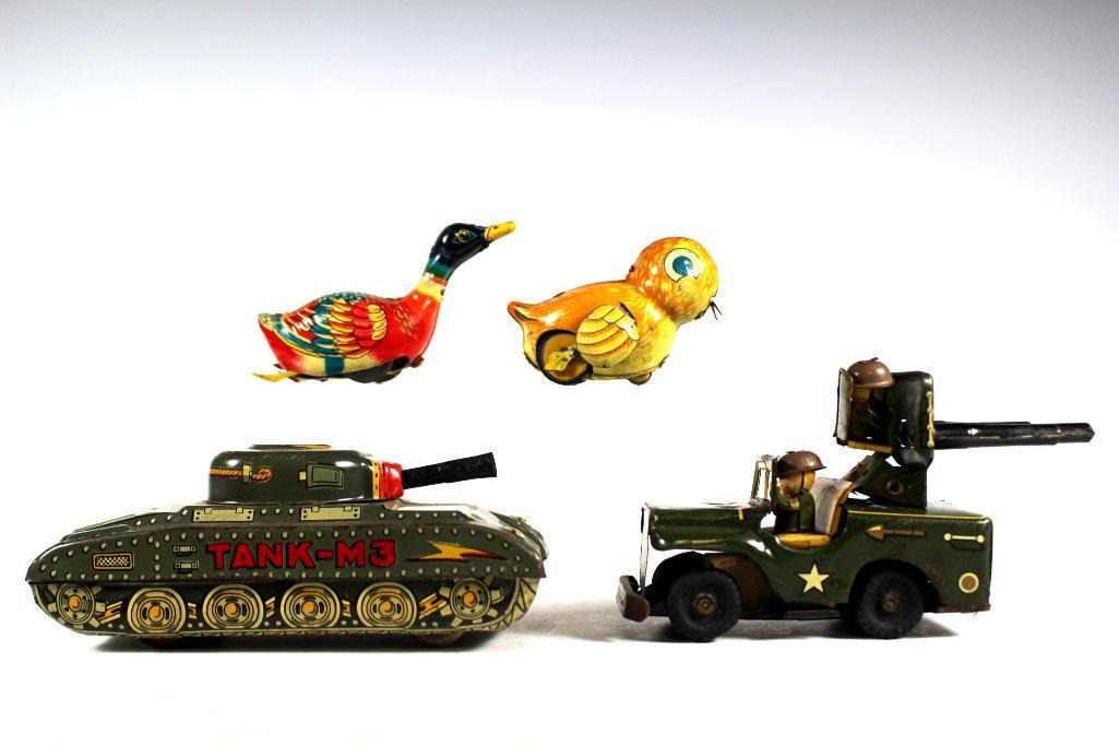 Vintage Tin Litho Toy Japan Collection: Modern toys (MT) Tank-M3 friction toy tank, military jeep with gunner note; gunner is detached, wind up tin duck working with moving feet and friction chic chicken with moving wings. All in age approp
