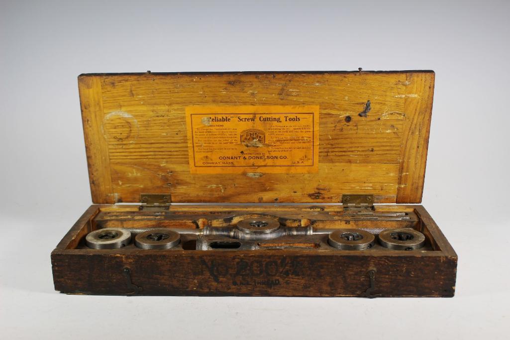 Antique Tap and Die Set: Conant & Donelson "Reliable" No. 200 screw cutting tools tap and die set. In original wooden box. In good antique used condition, see photos.