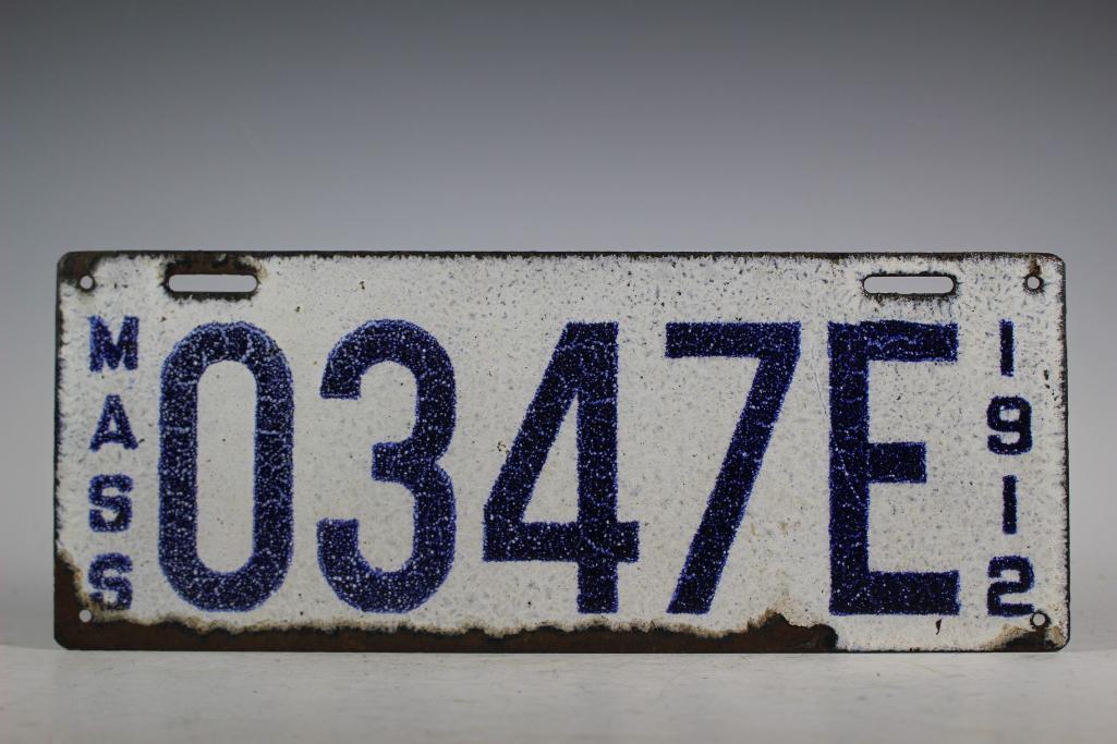 1912 Massachusetts Porcelain License Plate: Porcelain Massachusetts 1912 blue and white license plate. In age appropriate condition with some porcelain losses around edges with surface rust, see photos.