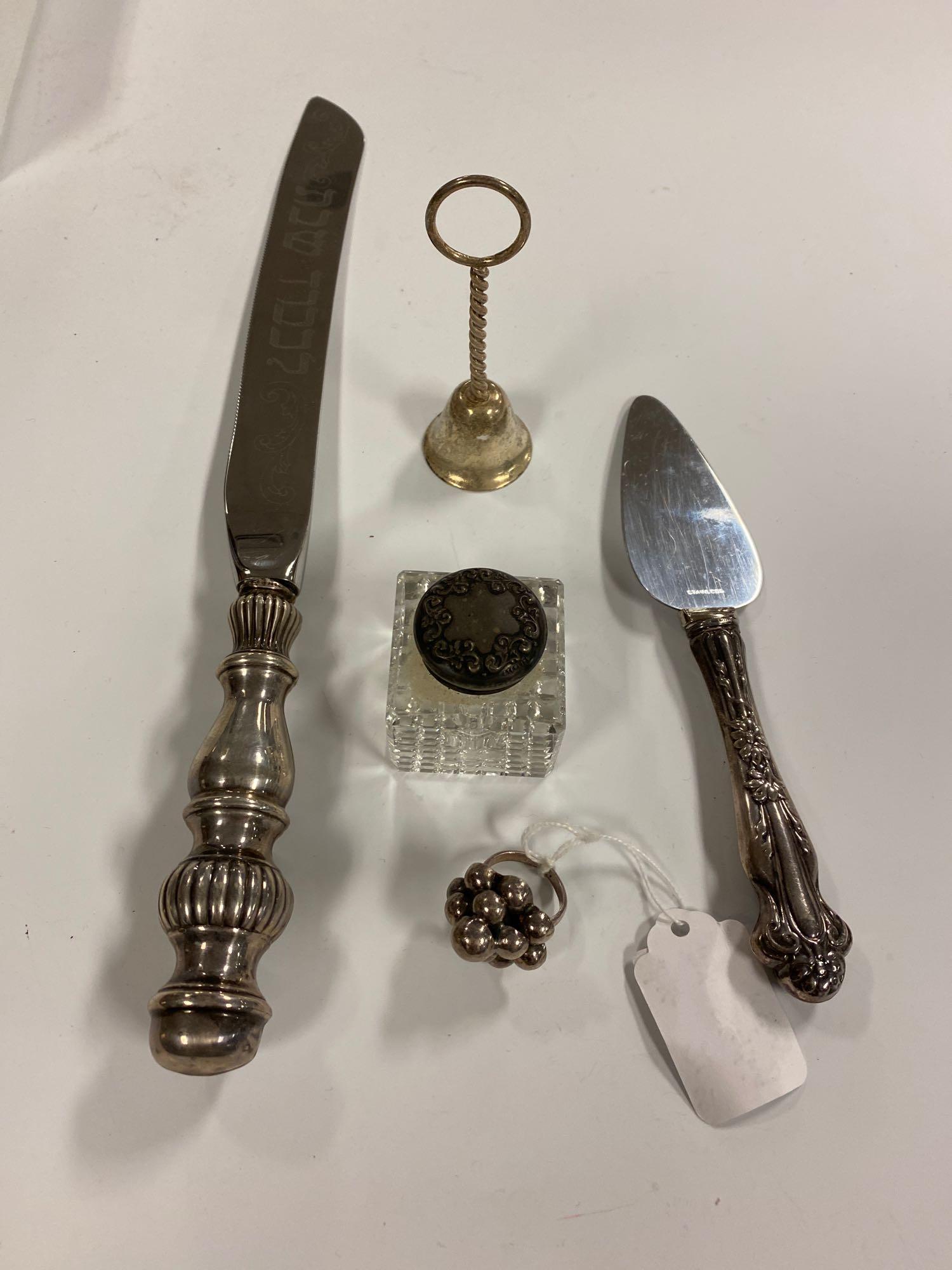 Sterling and Costume Jewelry: 20+ pieces of costume jewelry and sterling silver items including vintage pins, earrings, necklaces, bracelet, ring, cuff links, serving utensils, inkwell, etc.