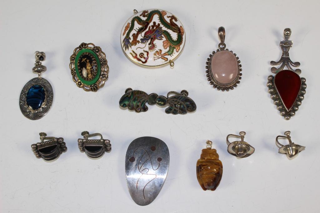 Group of Sterling Jewelry and More: Including sterling cowboy hat earrings, several sterling and stone pendants, carved stone (possibly catseye) owl with gold filled clasp and others as shown, see photos. 