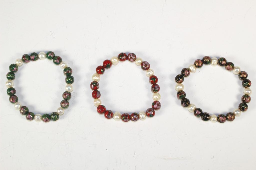Three Cloisonne Beaded Bracelets: Three nice vintage beaded bracelets. Tension band to expand to your wrist. 6" diameter. Condition is good as shown, see photos.