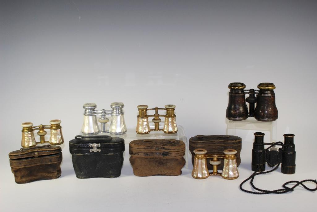 Four French Opera Glass and Two Binoculars: Four pair of late 19th early 20th century Opera glass. Colmont PARIS with abalone mother of pearl, IRIS PARIS pair, THE BOWLER & BURDICK white metal with mother of pearl and ARVILLE PARIS set. All wit