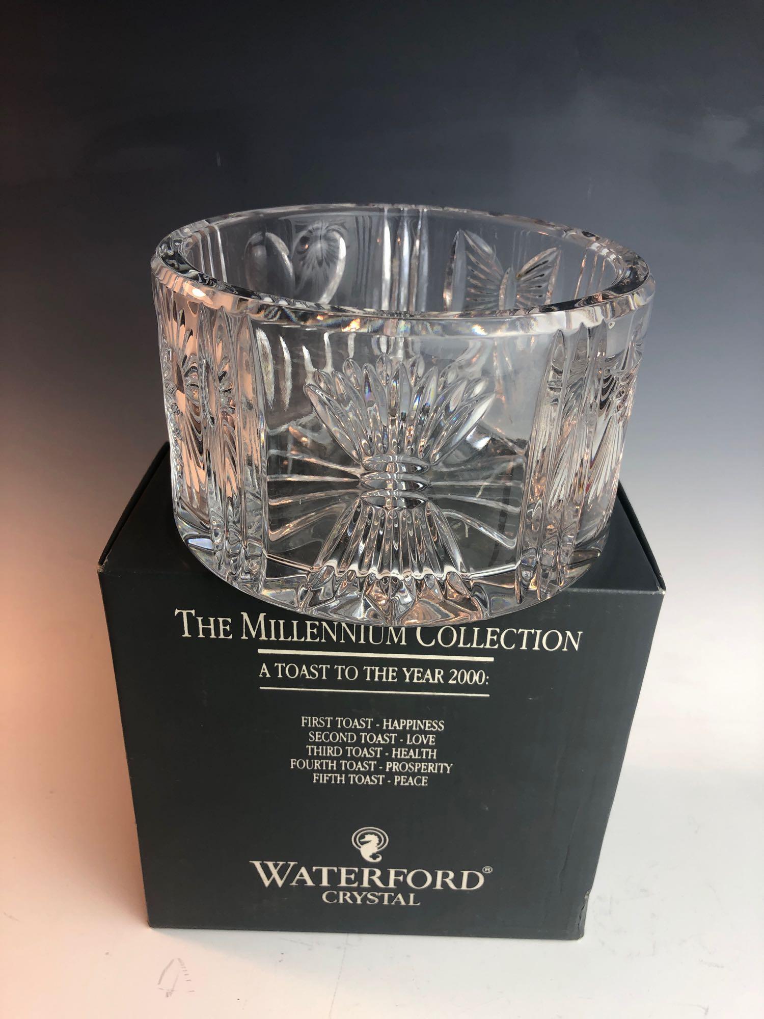 Vintage Waterford Crystal Bottle Chiller Coaster " The: Vintage Waterford Crystal Bottle Chiller Coaster " The Millennium Collection" w Box. Good clean condition with no chips or cracks. Original box included. Measures approximately 3" high with a 5.25" di