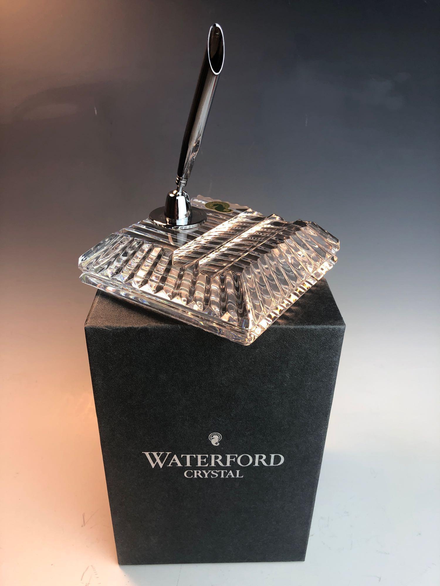 Vintage Waterford Square Crystal Pen Holder w Original: Vintage Waterford Square Crystal Pen Holder w Original Box Paperwork Signed. Good overall condition with no chips or cracks. Box has some shelf wear - please see the pictures. Pen holder measures appr