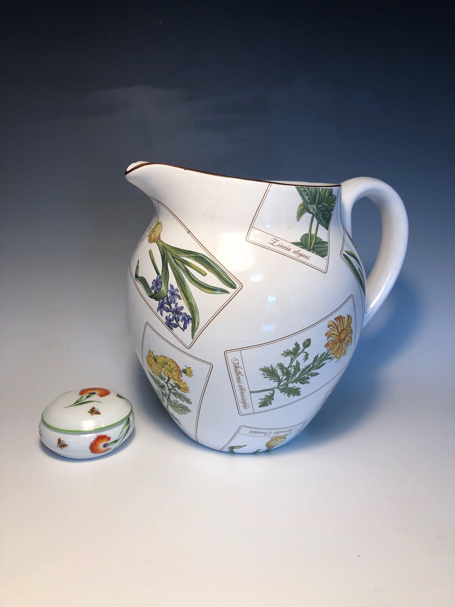 Vintage Tiffany & Co Lot Botanical Pitcher 1996 and: Vintage Tiffany & Co Lot Botanical Pitcher 1996 and Tiffany Garden Limoges France Trinket Box. pitcher measures approximately 7.25" tall and has nick near spout. trinket box measures 1.25" tall no chi