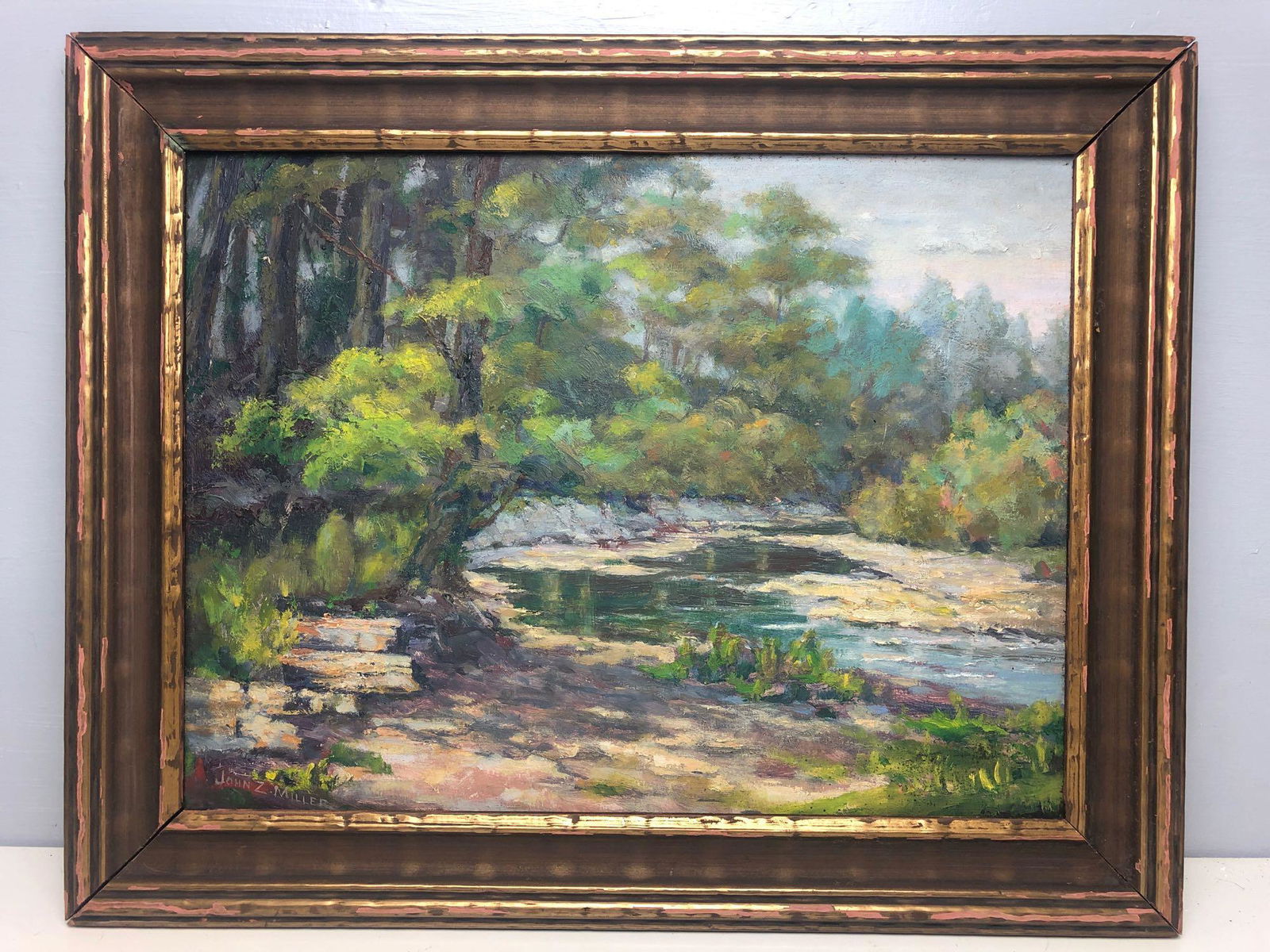 Early 20th Century Oil on Board By John Miller: John Miller (1931-2002) 4 Mile River in Erie Pa. signed at lower left, Back of board signed and has some dates. Frame Measuring approx. 19.5 x 15.5 in., Art approx.16" x12" See Photos
