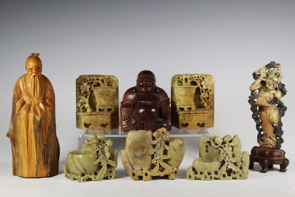 Chinese Soapstone and Wood Figurines Group: 6 Vintage Chinese soapstone carvings and figurines includes pair of bookends, 3 toothpick holders and carved god on wood base with carved wood Buddha and wise man wood figure. All in good condition, s