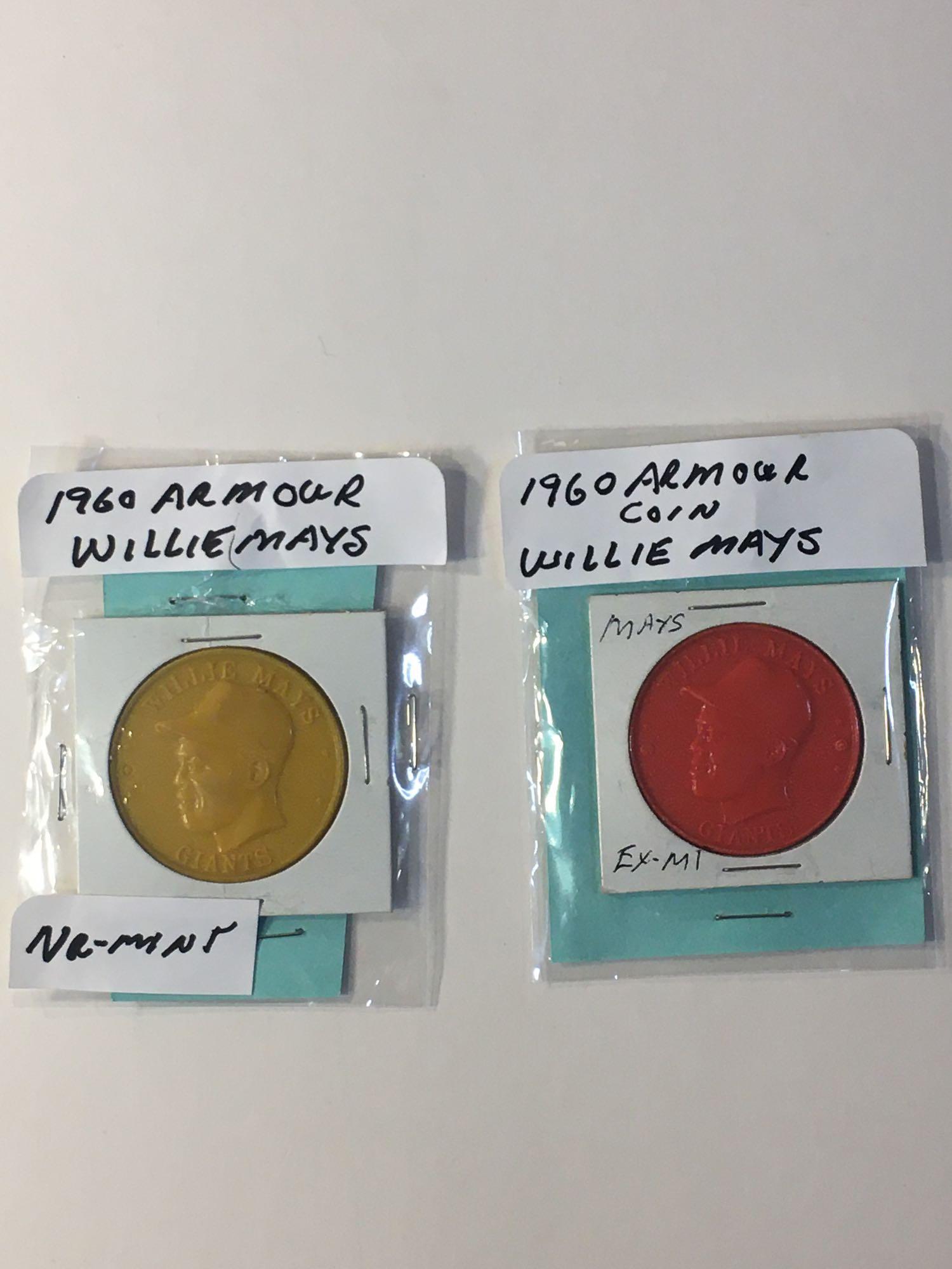 1960 Armour Willie Mays Coins: Two coins, One red in EX condition and one yellow in NRMT condition. What a pair!