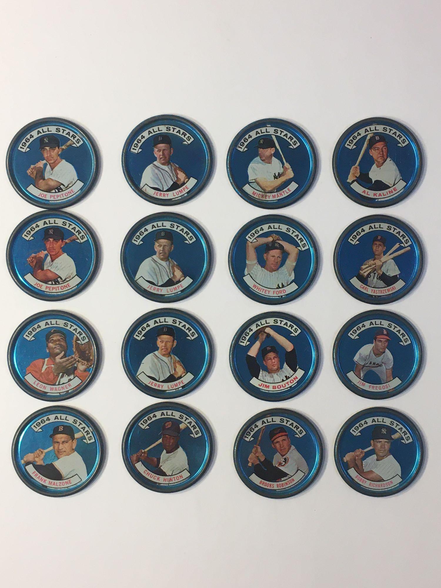 1964 Topps Coins Lot AL All-Star Lot w/ Mantle: (16) total coins of the American League All-Stars in handled condition. (2) Pepitone, Richardson, (3)Lumpe, Brooks, Malzone, Fregosi, Kaline, Wagner, Mantle(left-handed), Yaz, Bouton, Ford, Hinton.