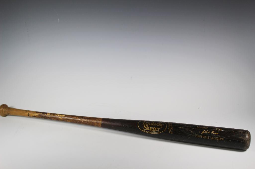 Julio Franco & Johnny MacDonald Game Used Bats: Two game used bats of popular Indians infielders. Franco T141 model, two tone color. Crack in the handle, loads of game use. MacDonald has a lot of signs of use. Worn, but sticker on the handle from t