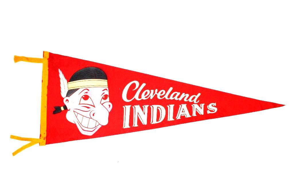 1950's Cleveland Indians Pennant: Full-sized red felt pennant with script Cleveland, shadowed "INDIANS" and colorful logo affectionately known as the big nose wahoo. Some pinholes and damage to the binding.