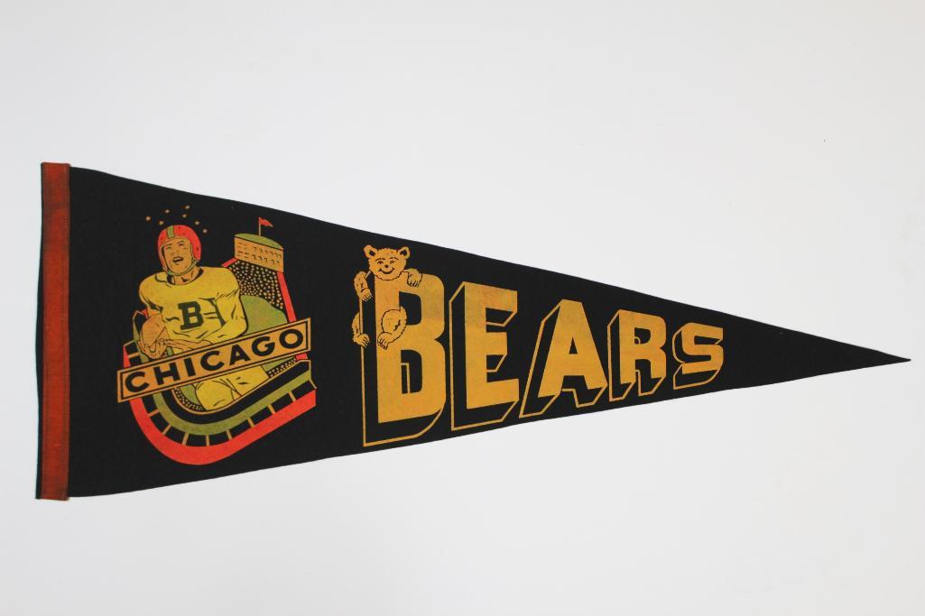 Rare Chicago Bears Vintage Pennant: Full-sized pennant with black felt, orange binding and colorful design. There are some variations of this style of pennant. One more basic in color, one with Champions along the edge and this beauty! 