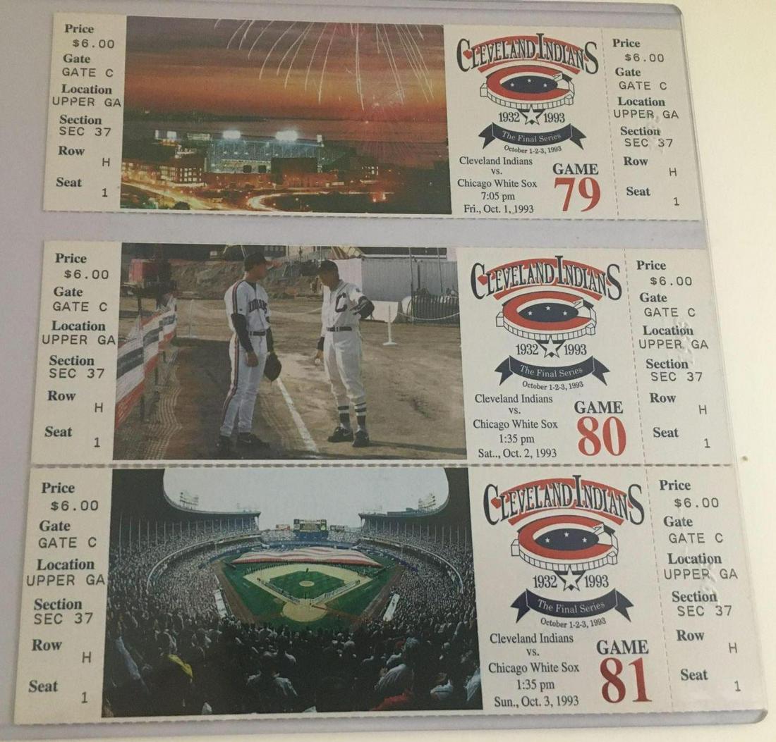 1993 Cleveland Indians Last Series Tickets: The last series at Municipal Stadium. Used tickets from games 79,80,81. High quality examples.
