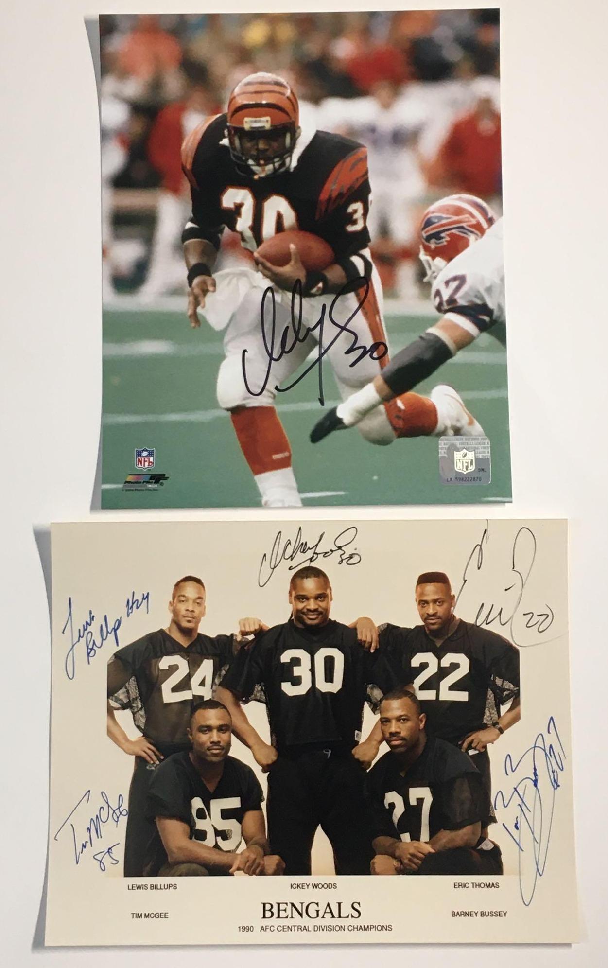 1990 Cincinnati Bengals Autographs: 8x10 publicity photo of TIm McGee, Lewis Billups, Ickey Woods, Eric Thomas and Barney Bussey. All have signed in black or blue marker. Also a color action 8x10 of Woods signed in black marker.