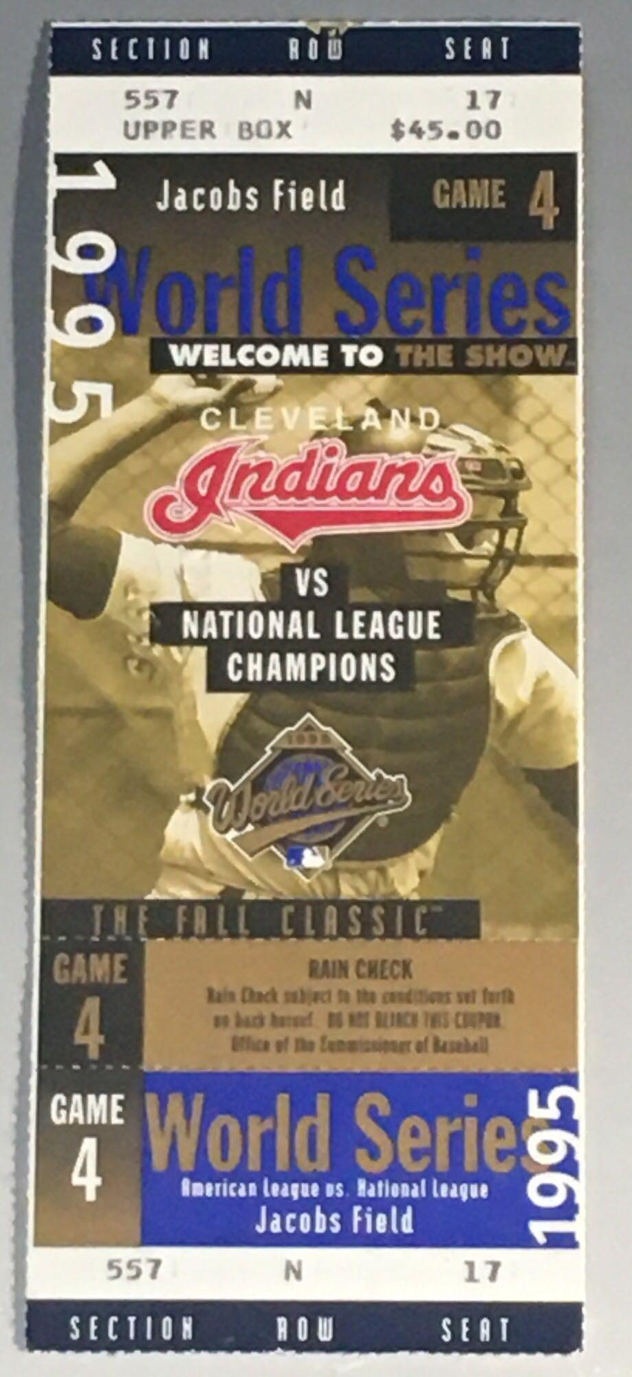 1995 World Series Ticket Game 4 @ Cleveland: Used ticket from Game 4 in Cleveland. Some indents and impressions on ticket.
