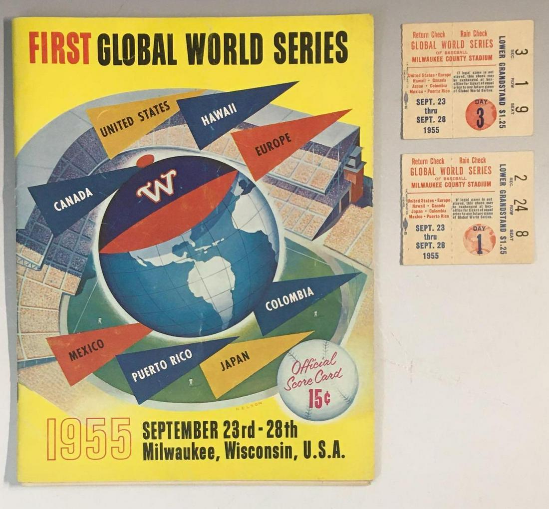 1955 Global World Series Program/Ticket Stubs: Program from the first global World Series as played in Milwaukee. Includes two tickets; one from Day 1 and one from Day 3. Writing and notations on team sheets inside.