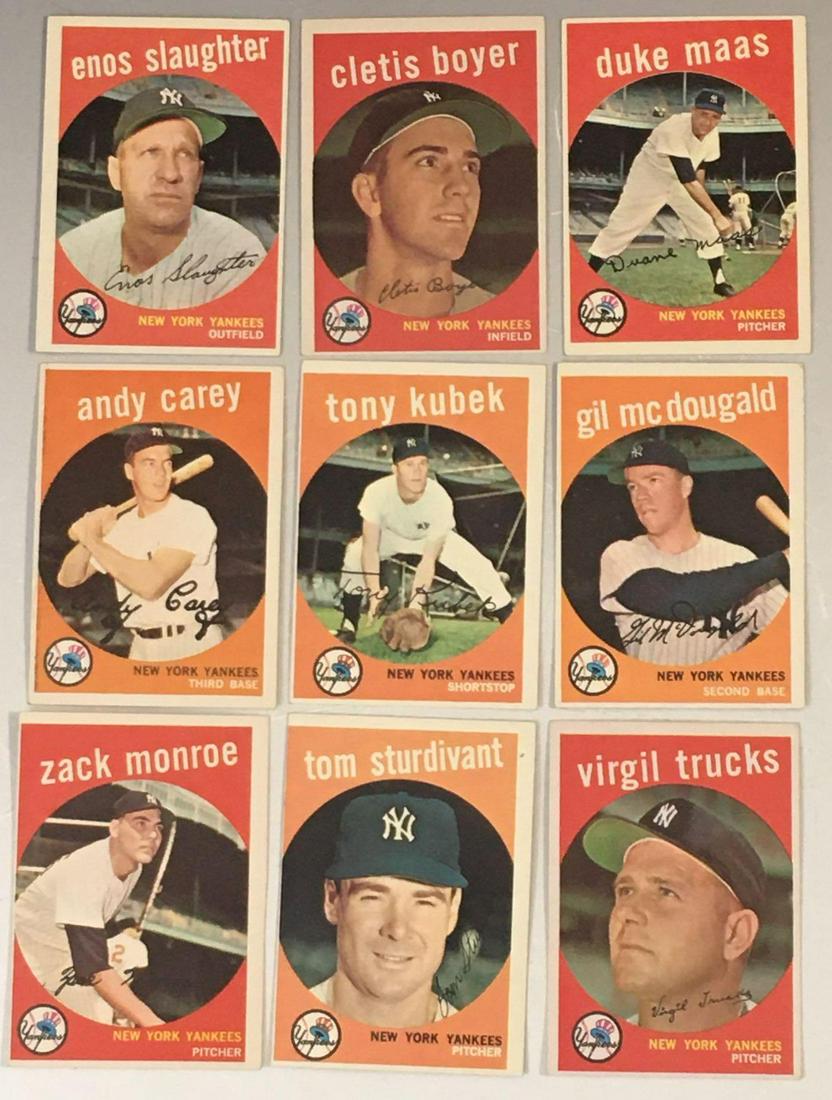 1959 Topps New York Yankee Cards (9): Nice sharp cards. Overall EXMT grade with some centering. Slaughter, Monroe, Trucks, Sturdivant, McDougald, Mass, Kubek, Carey, Boyer.