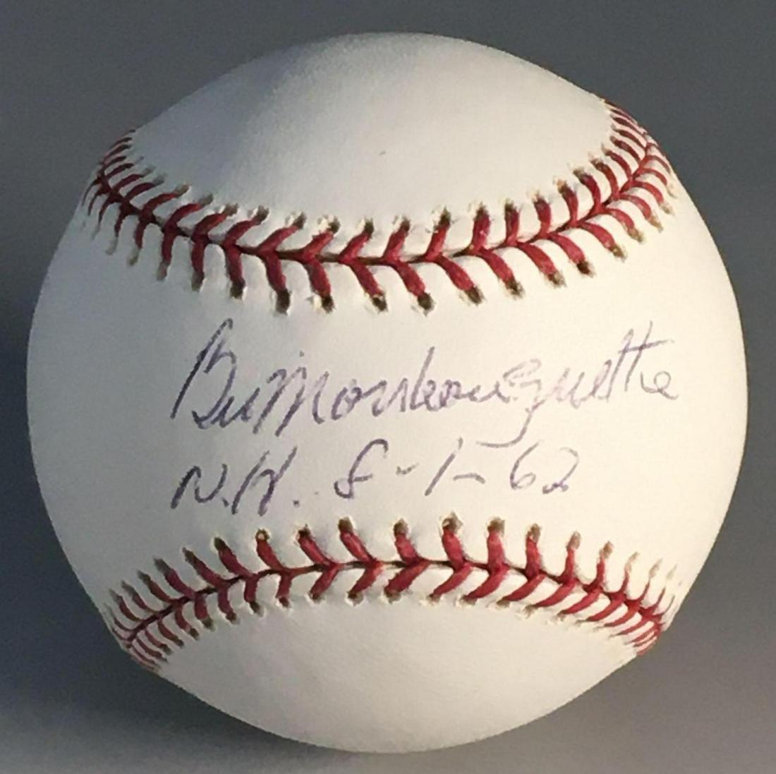 Bill Monbouquette Signed and Inscribed Baseball: Official Bud Selig baseball signed on the sweet spot in blue pen. He also included an inscription for his no-hitter; "N.H. 8-1-62" Tri-Star hologram/sticker.