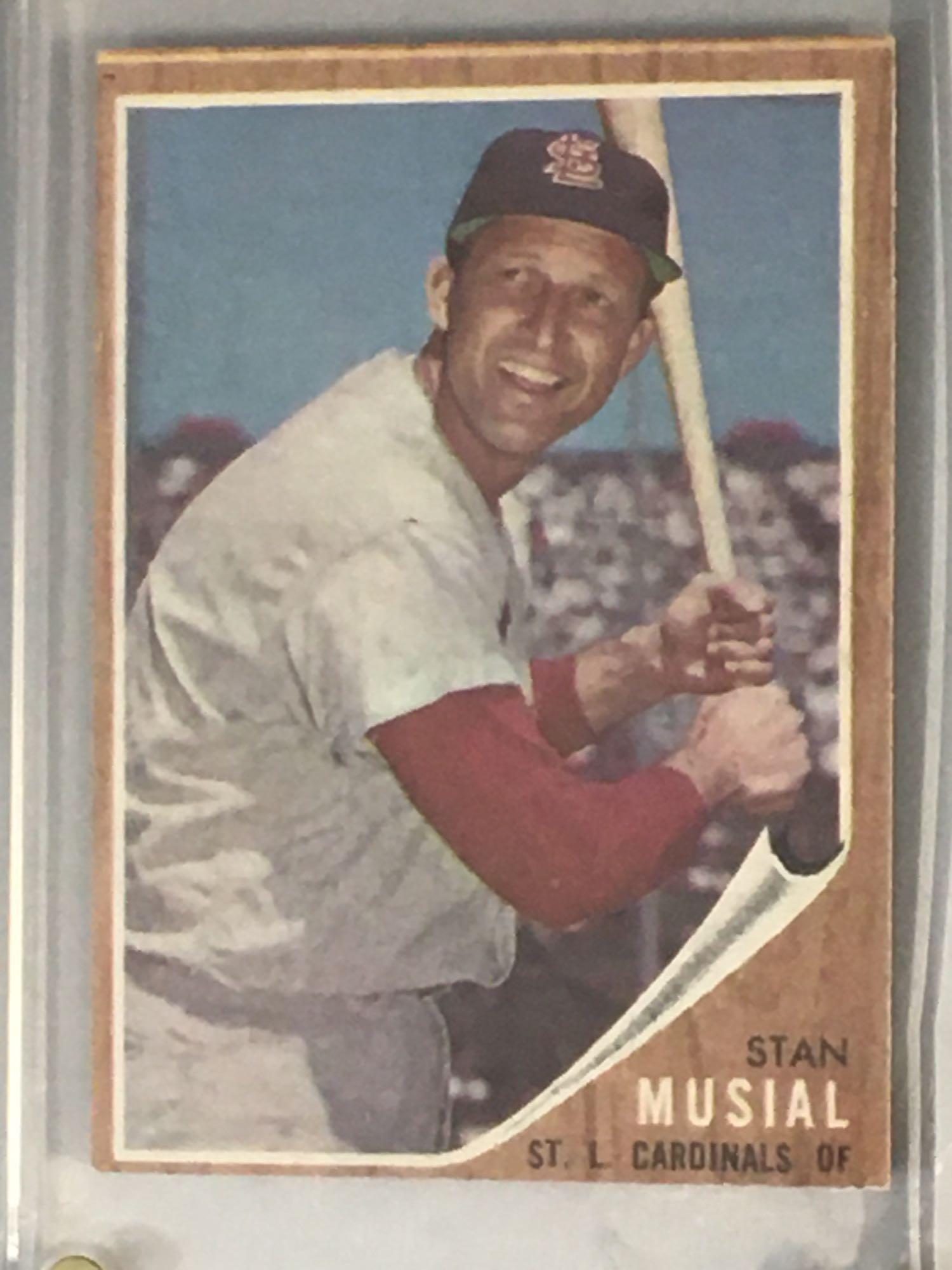 1962 Topps #50 Stan Musial: EX+ card with centering heavy to the top.