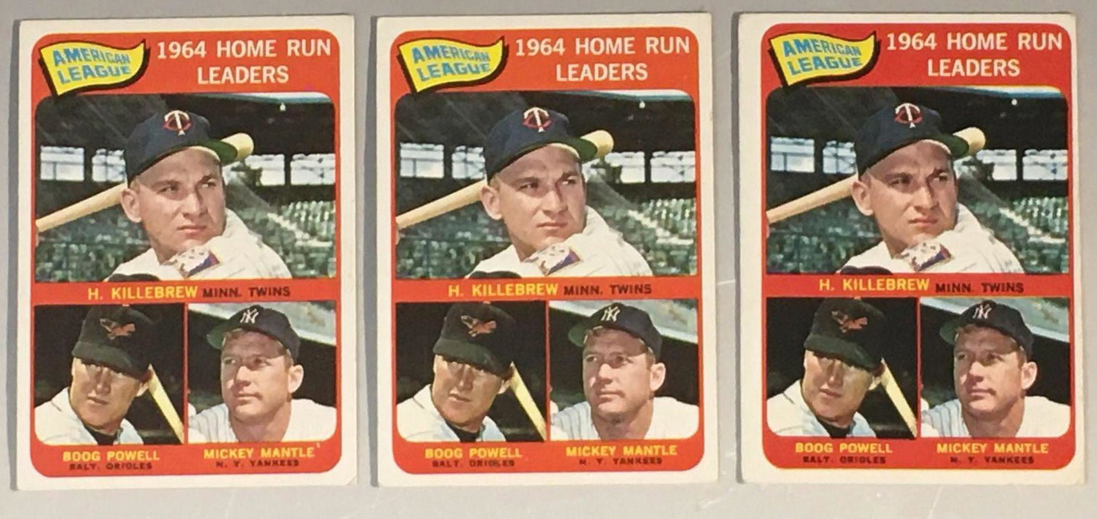(3)1965 Topps #3 Home Run Leaders w/ Mantle: Three cards that feature Harmon Killebrew, Boog Powell and Mickey Mantle. EX+ condition.