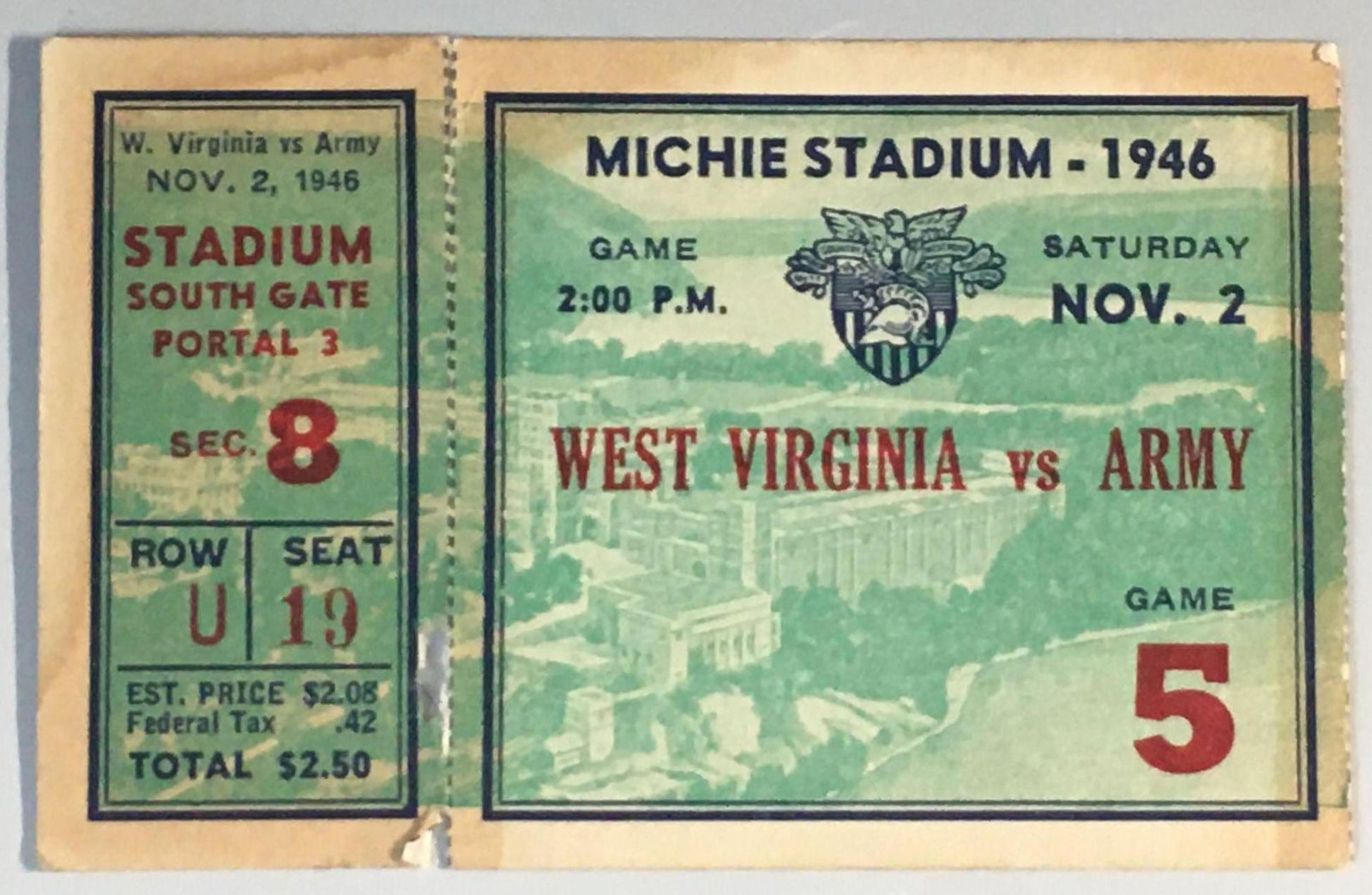 1946 West Virginia vs. Army Ticket Stub: November 2nd home game, ticket is fair. This was a season that Army had a Heisman Trophy winner in Glenn Davis. This was also the game before they played Notre Dame to a 0-0 tie in what was known for 