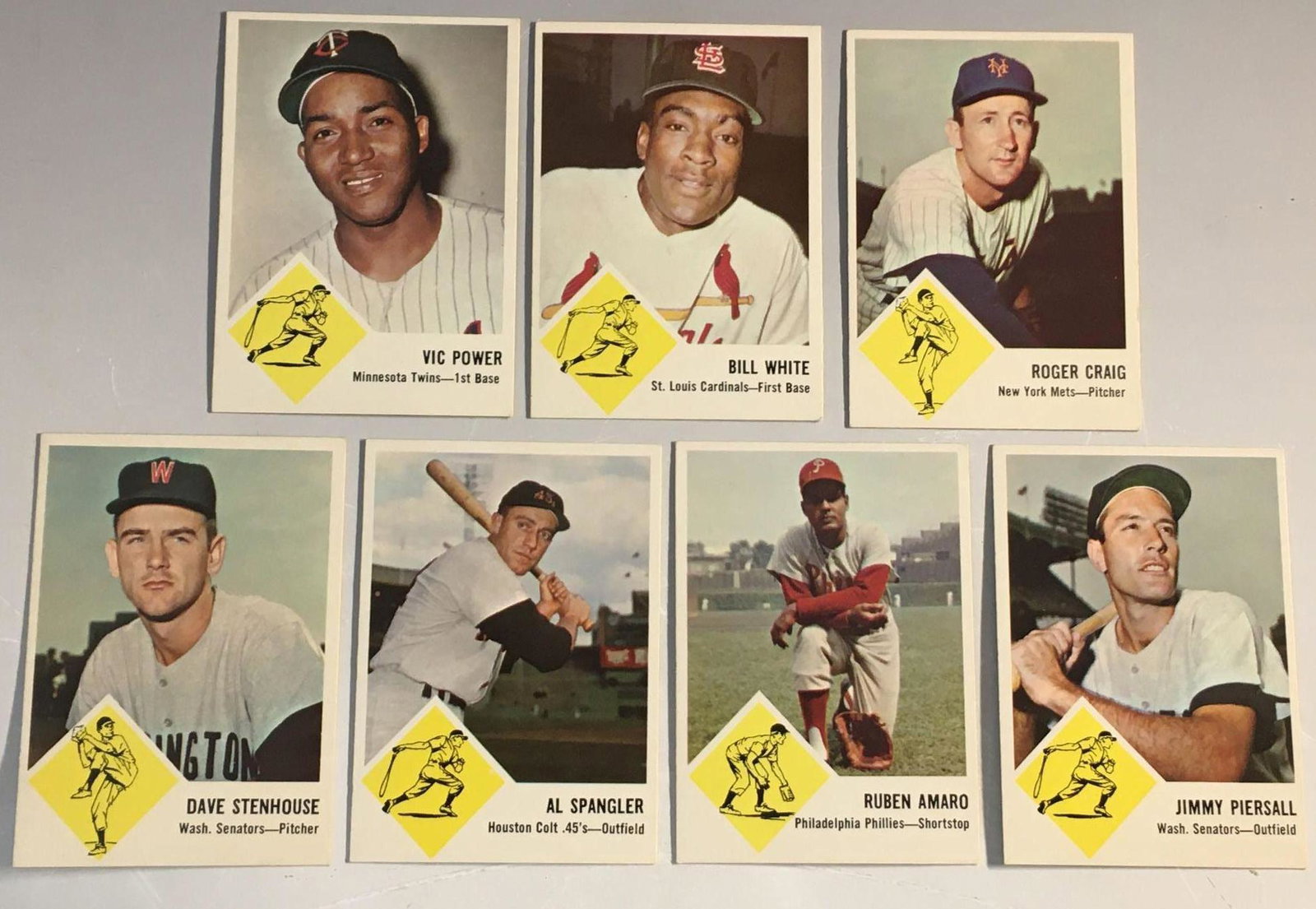 1963 Fleer Baseball Card NRMT Group: Very clean group of (7) cards; Vic Power, Jimmy Piersall, Denny Stenhouse, Al Spangler, Roger Craig, Ruben Amaro, Bill White.