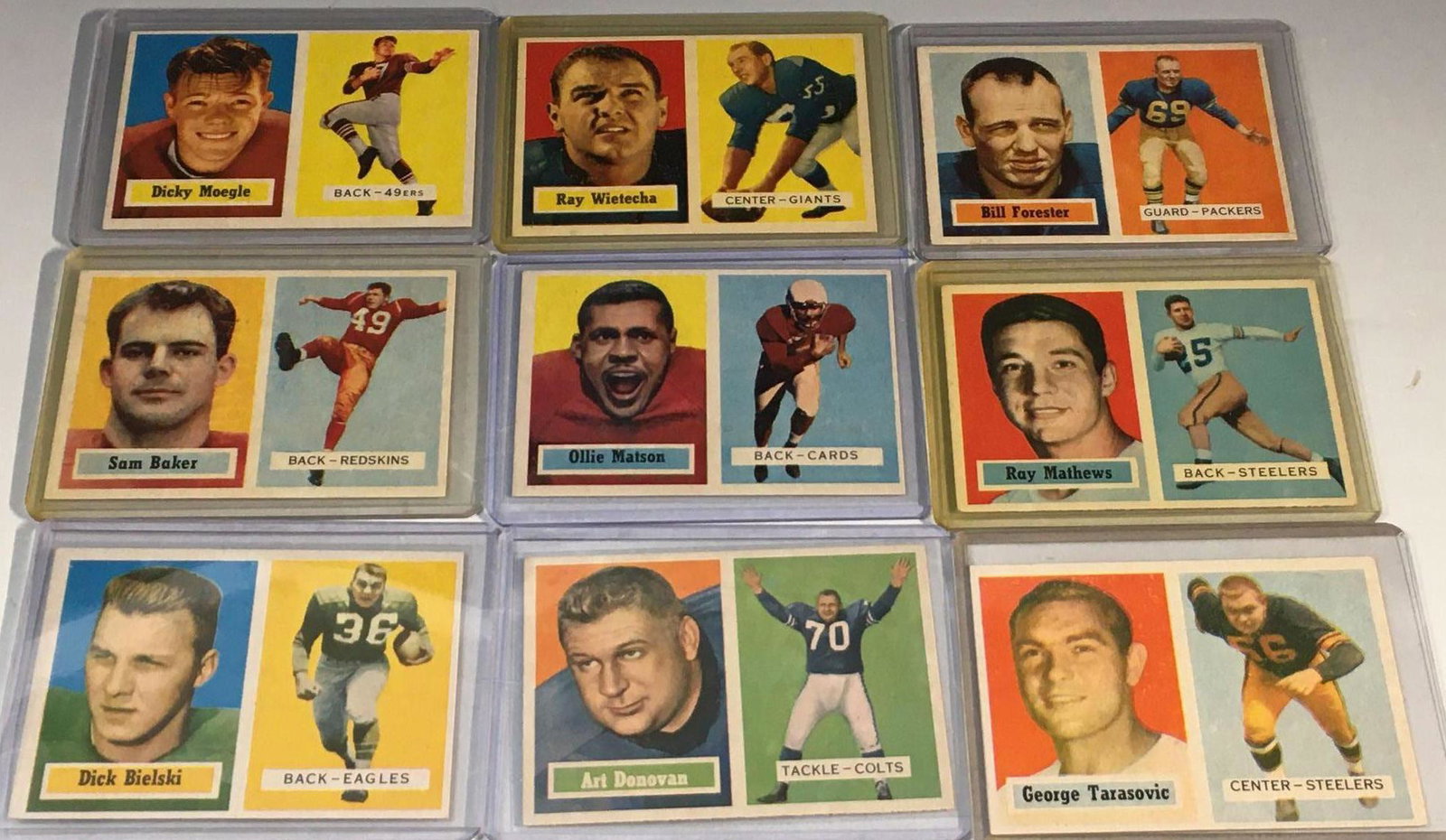 1957 Topps Football Star Lot (9): Nine sharp cards that are in EXMT+ condition. Art Donovan(wax on back), Matson, Bielski, Tarasovic, Mathews, Forester, Sam Baker, Moegle, Wietecha.
