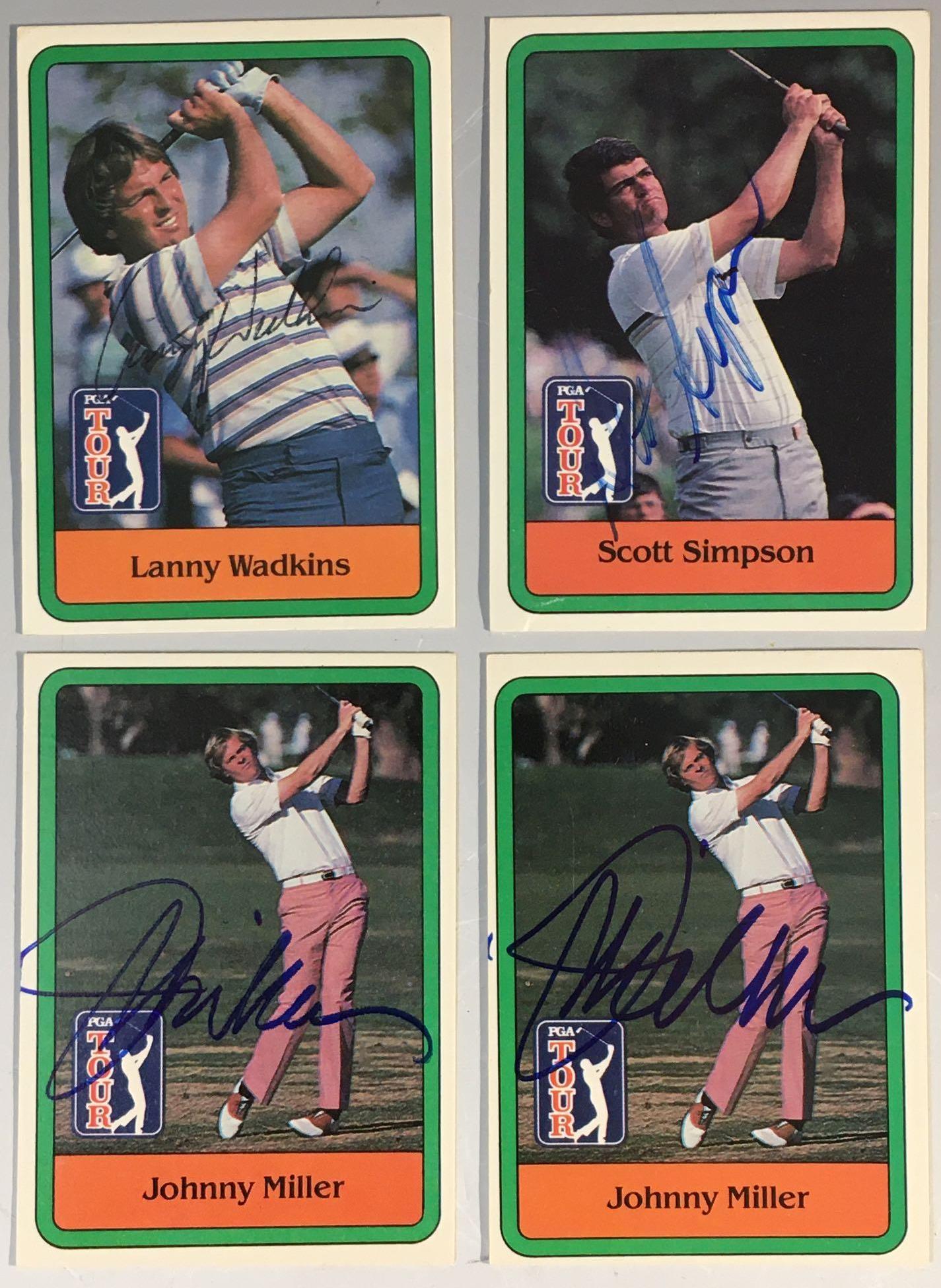 1981 Donruss Autographed Golf Cards (4): Lanny Wadkins, Scott Simpson and (2) Johnny Miller autographed PGA Tour cards.