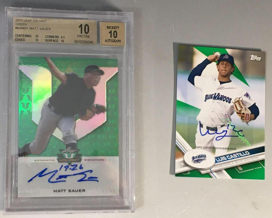 2017 Rookie Autograph Inserts /99 Luis Castillo and: Two autographed rookie cards. One is a 2017 Topps Pro Debut 131, LE #80/99 of Luis Castillo - current pitcher for the Reds. Aso a 2017 Leaf Valiant Green version of Matt Sauer, New York Yankees prospe