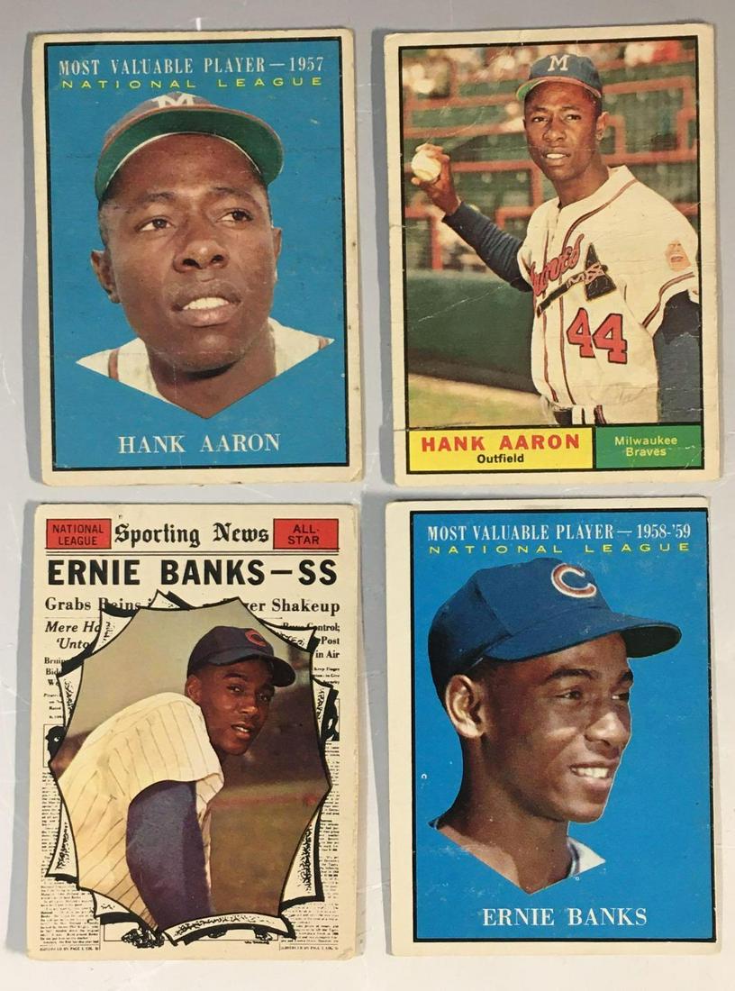 1961 Topps Hank Aaron and Ernie Banks Cards: Four cards in all, Aaron and Banks MVP cards, Ernie Banks All-Star card and Hank Aaron #415 regular issue. Off grade lot