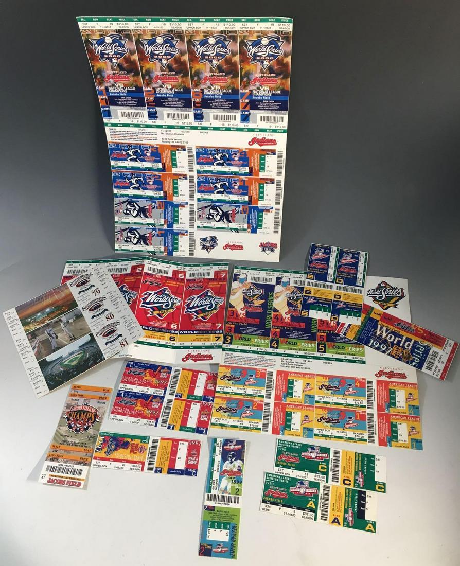 Cleveland Indians 1990's Ticket Collection: Assortment of tickets and phantom tickets from the 1990's including the last series at Municipal Stadium, 1997 World Series and playoffs, 1998 playoffs and more.