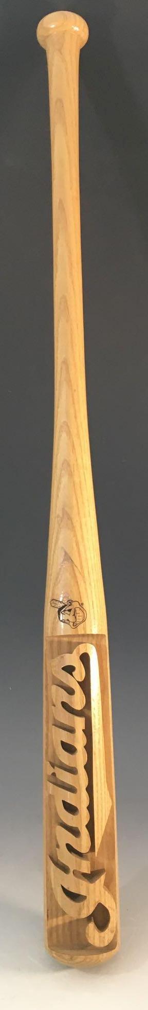 1996 Cleveland Indians Heavy Hitter Baseball Bat: Full sized, natural finish bat with the script Indians insignia cut out. Some dings and signs of handling.
