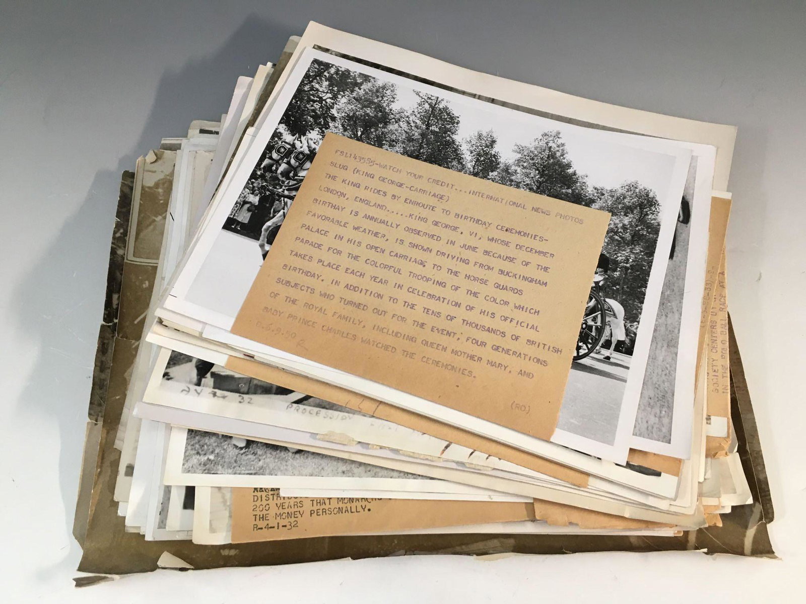 Kings, Queens, Presidents and Leaders Wire Photos: Approx (70) press/wire related photos. Many are from the 1930's, but other years as well. A majority involve King George. Also many Queen Mary, President Roosevelt, Royal Family members and other lead