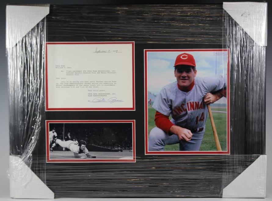 Pete Rose Signed Paperwork Display 1979: A rather unique item and a very cool piece! Approx 19x24 framed and matted display that includes a color photo, a black and white photo and instructions for a Trust Agreement for Pete Rose Enterprises
