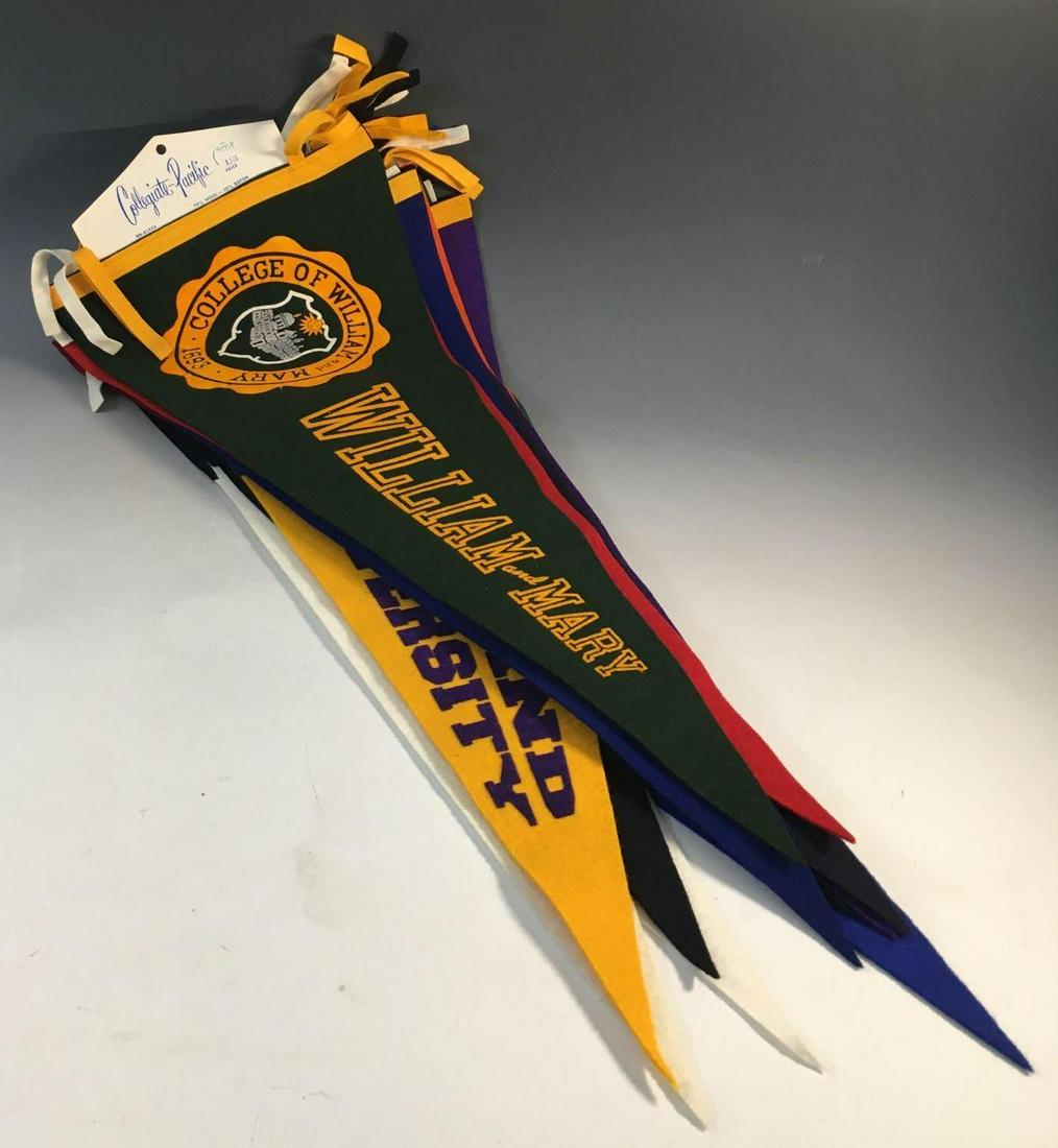 Collection of Vintage College Pennants (14): Older group of pennants that still have the origianl Collegiate-Pacific hangers on them. Standford, UCLA, Penn State, William and Mary, Northwestern, Findley, Kent State, Miami(Ohio), Ashland, Bethany